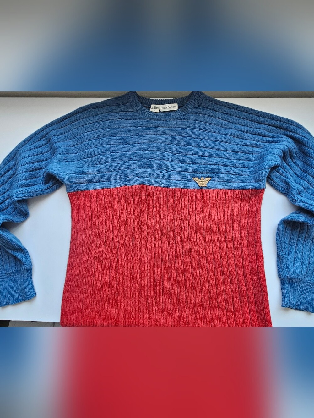 Giorgio Armani Vintage Red & Blue Wool Ribbed Logo Retro Sweater - Picture 4 of 12